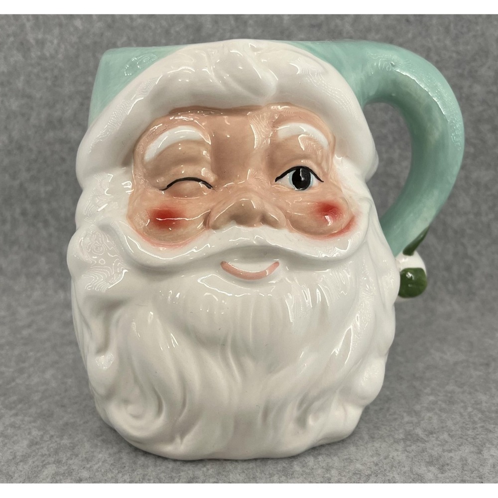 Transpac Winking Santa Mug 30 oz Pastel Turquoise Mint Green‎ Christmas Holiday
